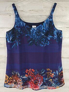 CABI Artist Cami BLUE Tank Top Women’s SIZE LARGE Floral Sleeveless Lined V Neck